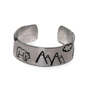 Handmade 9/10 stamped nature bear & mountain hypoallergenic adjustable cuff ring